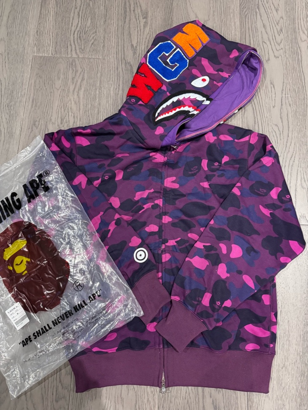 Bape Kids Purple & Pink Camo Shark Zip Hoodie